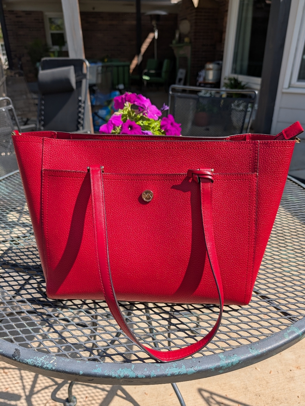 Like New!! Michael Kors Red Leather Tote with Front Slip Pocket 3 Piece Set